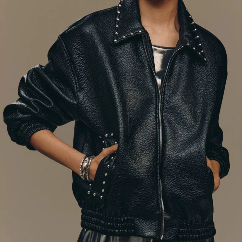 Rivet Black Leather Jacket Women High Street Moto Biker Jacket Autumn Windbreaker Punk PU Leather Bomber Jacket Women Clothes