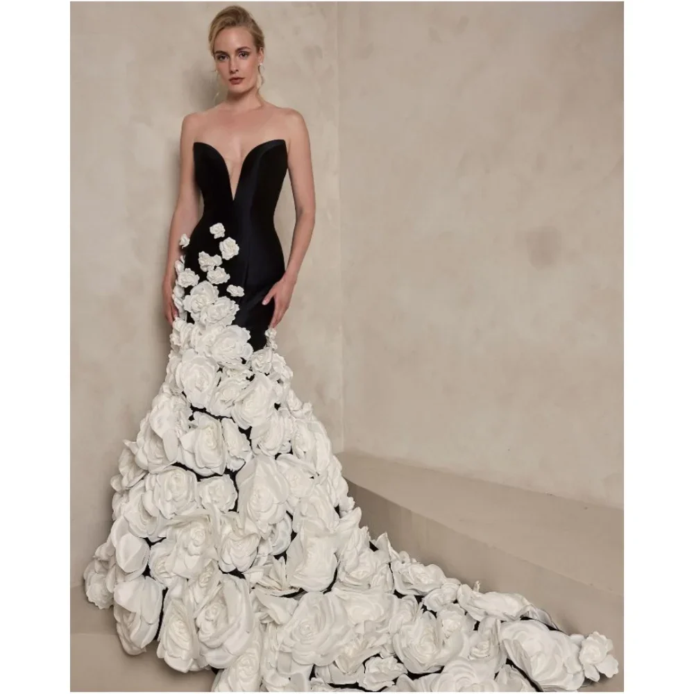 

2025 Customized White 3D Flowers Mermaid Sweetheart robes de soirée Strapless Backless Party Floor-Length Sleeveless Prom Gowns