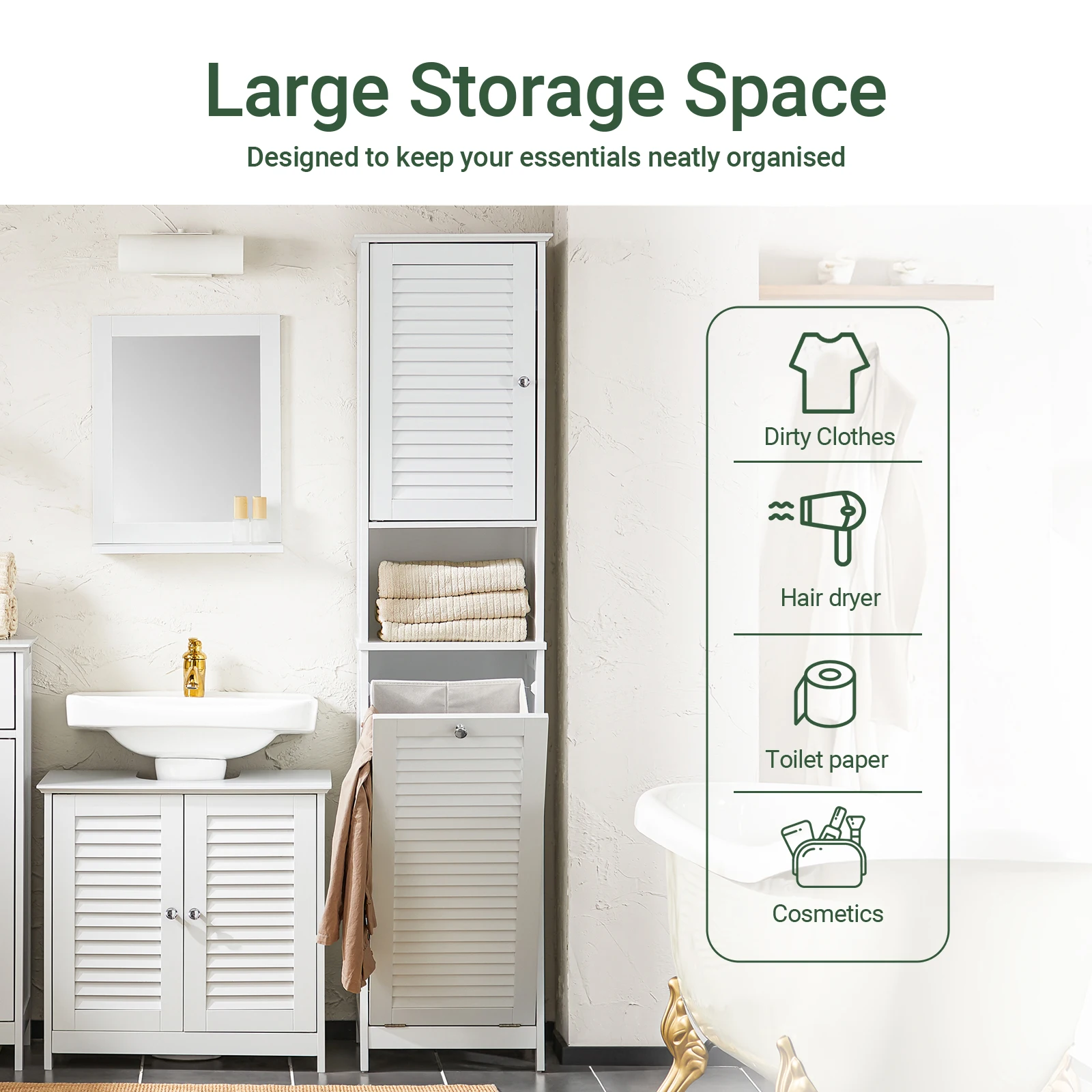 SoBuy BZR124-W Hochschrank mit ausklappbarem Wäschesack Badezimmer Schrank Badschrank schmal Wäscheschrank Badregal – Detail 5