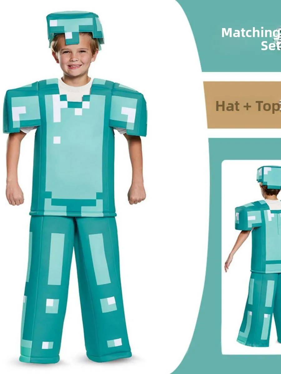 أزياء الهالوين التأثيرية للأطفال من Minecrt Steve Performance Par Wear مادة البوليستر الأصلية العرقية