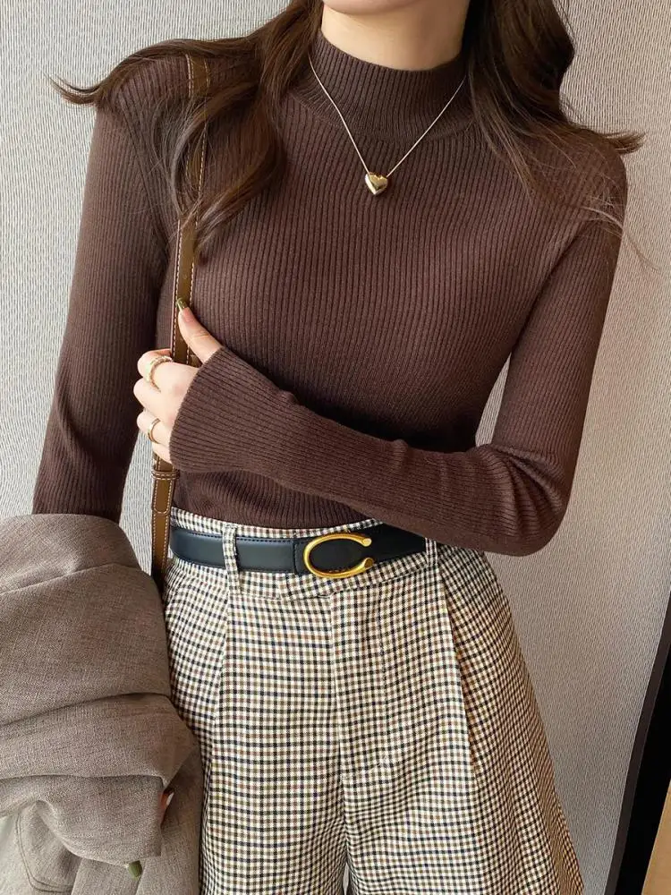 Autumn Winter Mock Neck Women Sweater Vintage Basic Solid Knitted Korean Tops Casual Slim Pullover Sweaters Simple Chic Jumpers