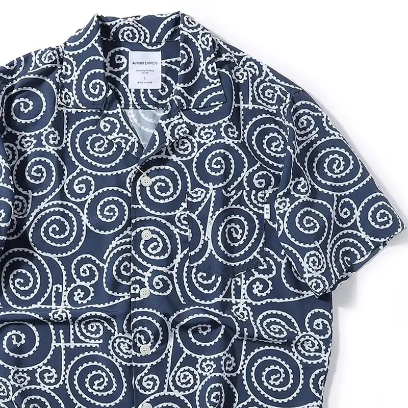 

Летняя мужская повседневная свободная рубашка с кубинским воротником, тонкая, стандартной длины, на пуговицах, с узором