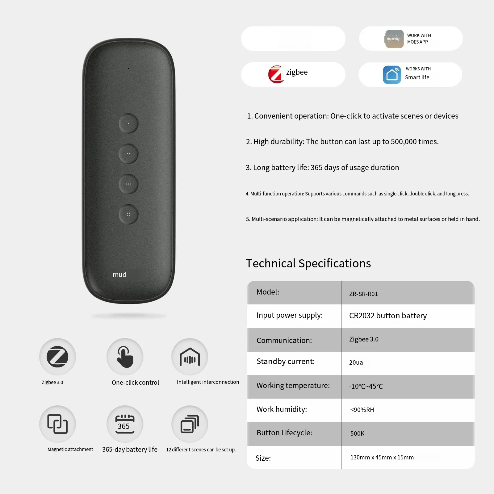 يمكن نقر المفتاح اللاسلكي Tuya ZigBee بقدرة 500000 مرة مع عمر بطارية طويل ونقرة واحدة بنقرة مزدوجة وضغط طويل #5