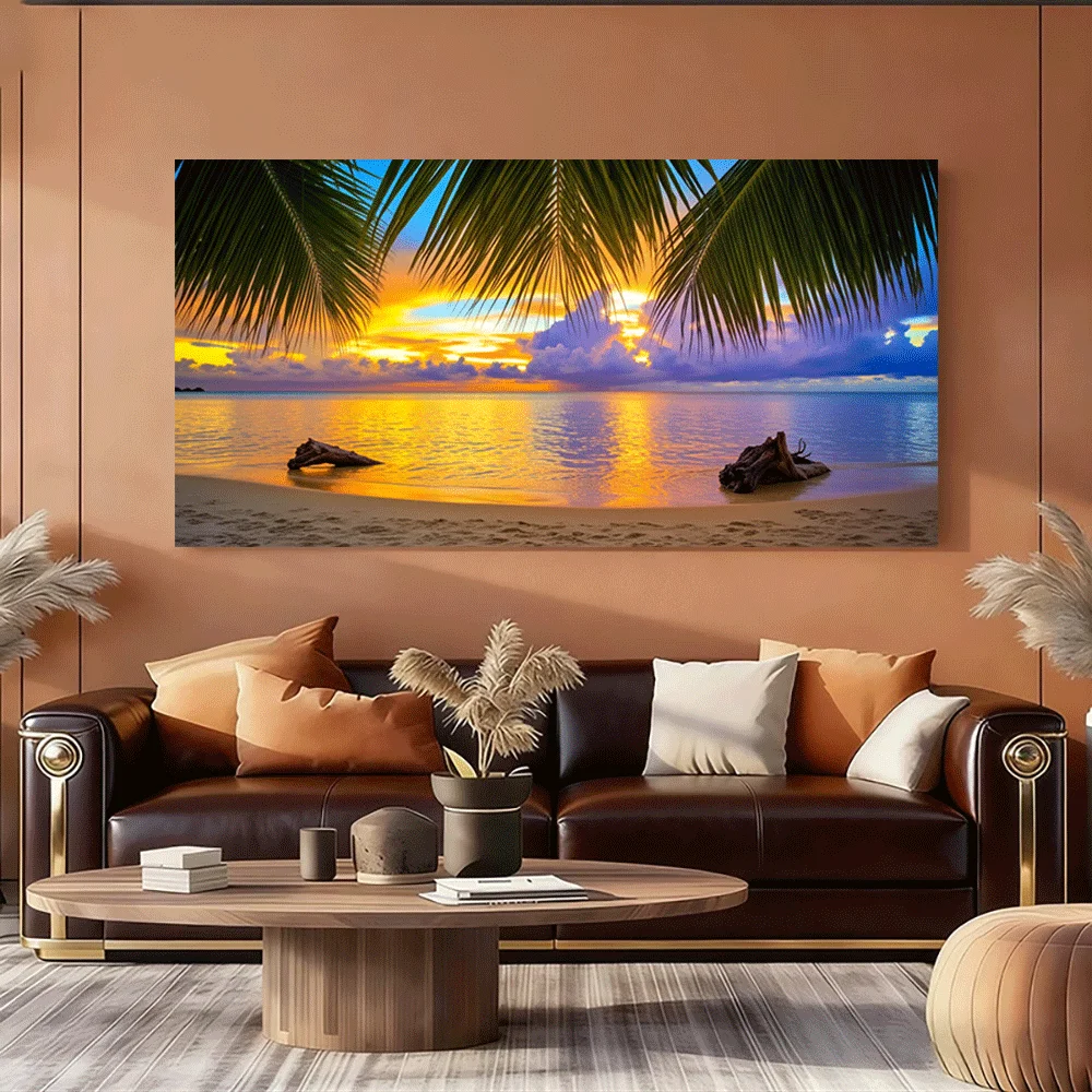 1PC-Canvas poster Unframed  Tropical Sunset Beach Palm Tree Ocean View Driftwood Paradise Landscape Art Print