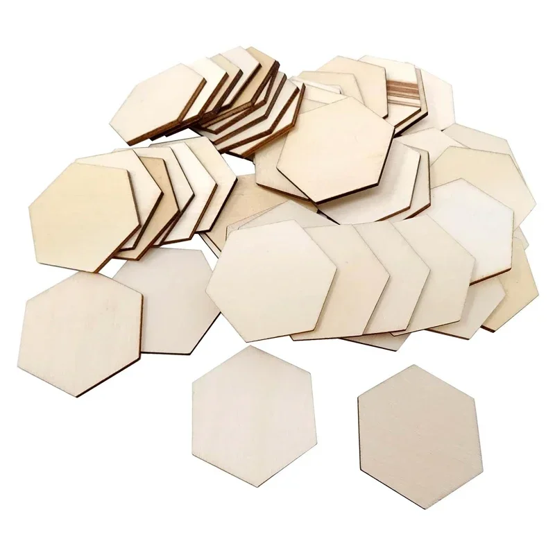 

100pcs 5cm Hexagon Unfinished Blank Wood Pieces Slices Chips Embellishments for DIY Crafts, Home Decoration, Board Games