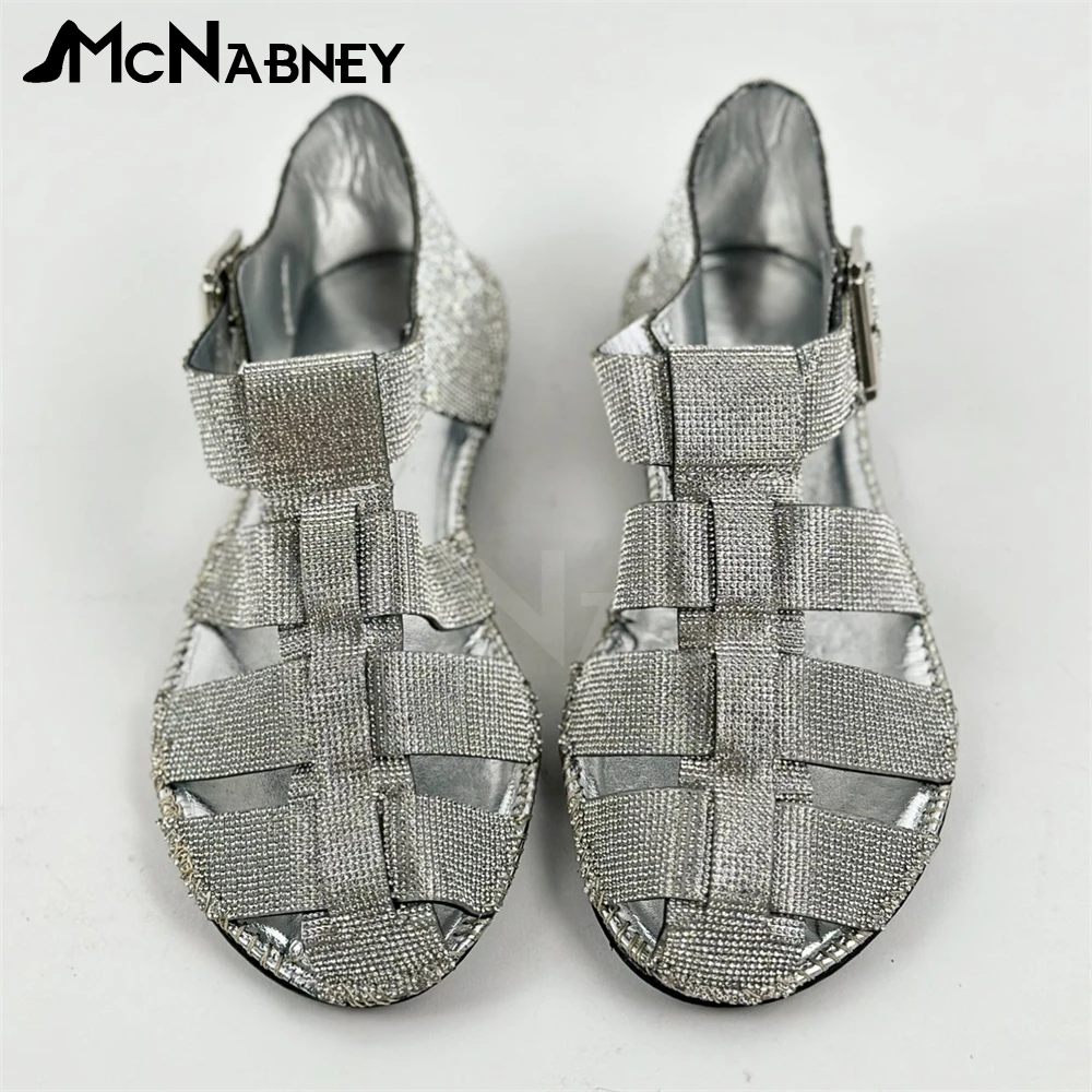 Luxury Silver Full Rhinestone Flat Sandals Round Toe Braided Crystal Buckle Gladiator Ankle Buckle Fashion Style Handmade Sandal