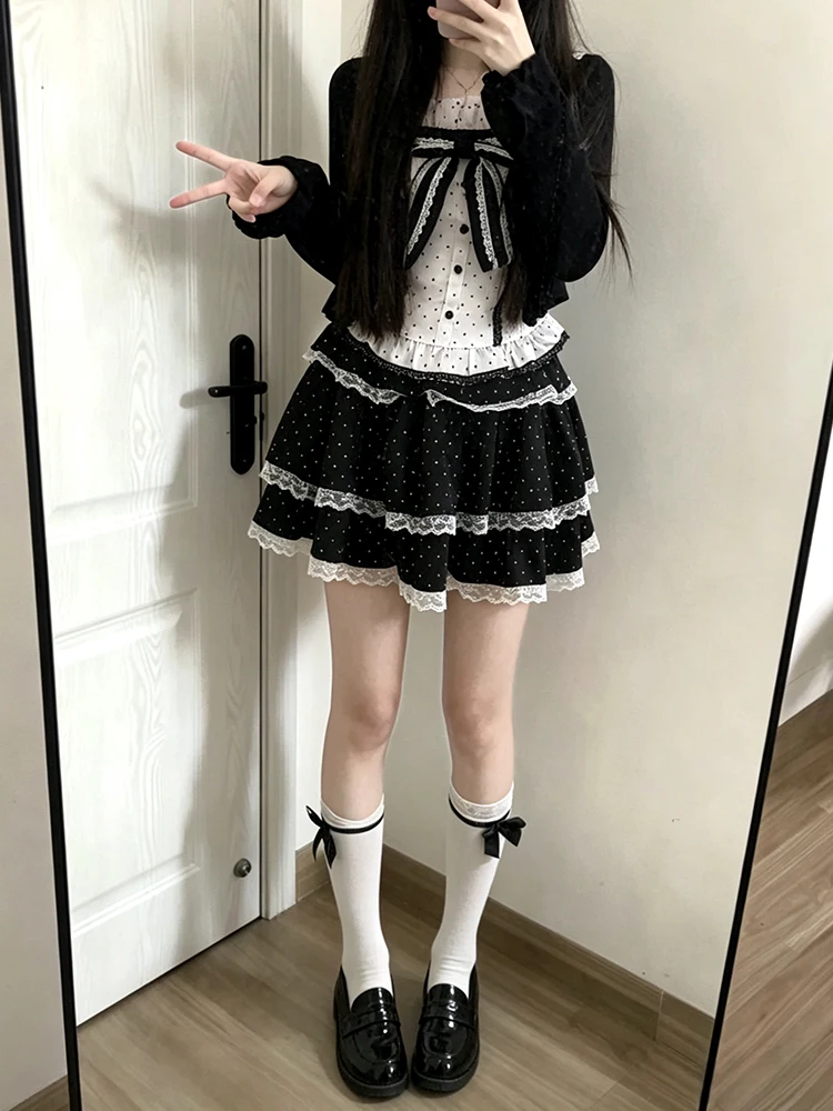 Sweet Black Cardigan Pink Polka Dot Strap Cake Short Skirt Three Piece Set Women's Fashion Ensemble Autumn Season Professiona...