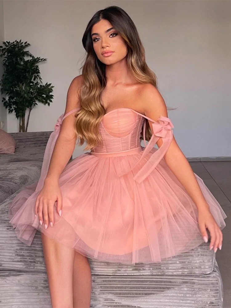 

Pink Tulle Evening Party Dresses A Line Sweetheart Straps Bow Short Cocktail Dress Sleeveless Belt Pleat Mini Homecoming Dress