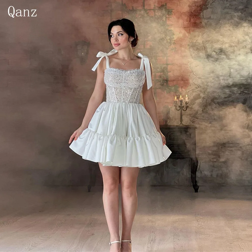 

Qanz White Sparkle Wedding Dress Bow Straps Bride Dress Short A line Marriage Dress Sequined Corset Party Dress Vestido De Noiva