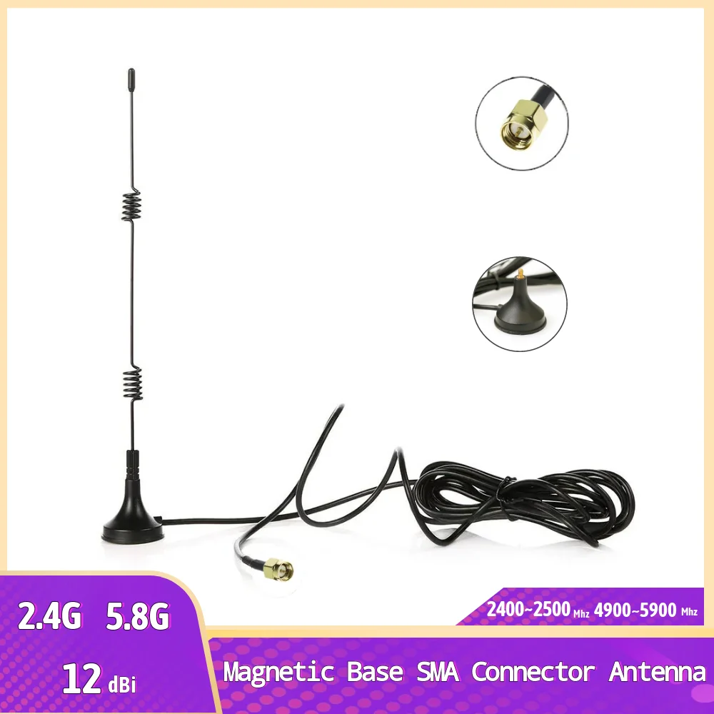 Antena externa de Base magnética de 12DBI con enchufe macho SMA para enrutador Wifi de 2,4G/5G, antena de módem, Cable RG174 de 3 metros