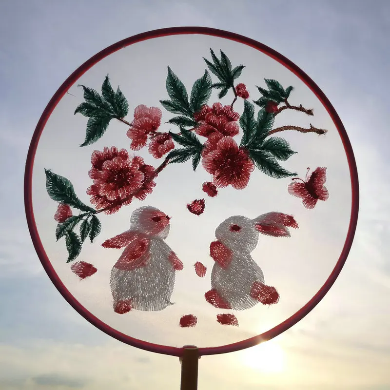 

Chinese Dancing Fans With Tassels Design Oriental Rabbit Flowers Double Sided Embroidery Silk Round Fans Hanfu Accessories