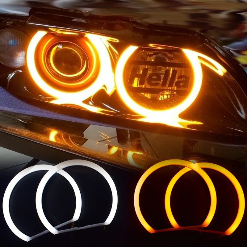 4Pcs Dual Color Front Headlight LED Angel Eyes Daytime Running Kit for BMW E46 Non-Projector Canbus Halo Ring Kits