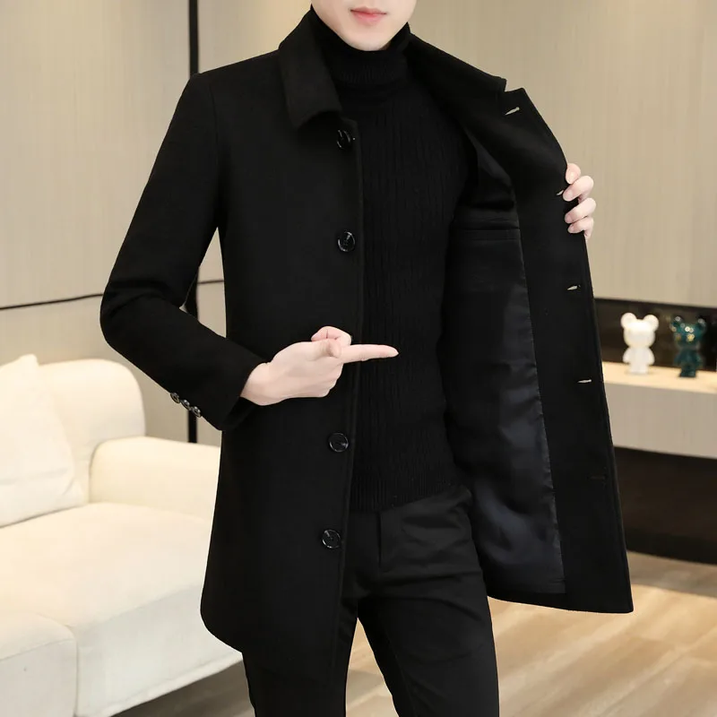 

Top Causal Woolen Coats Men's 2024 Autumn Winter Solid Color Warm Mid-Length Wool Windbreaker Jackets Business Overcoat Clothing