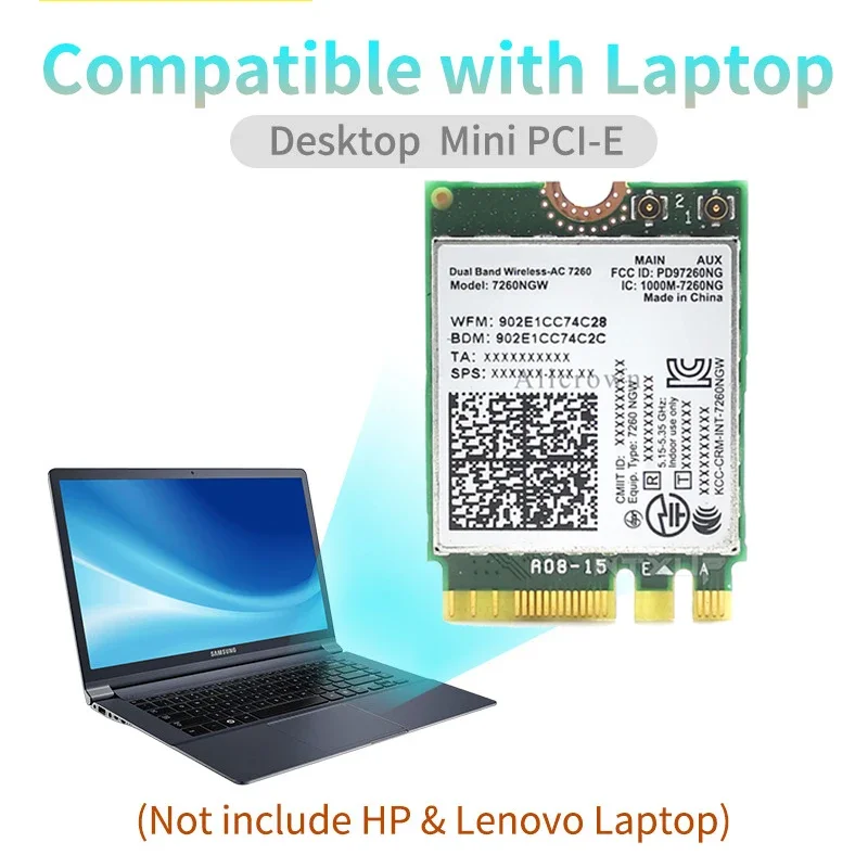 7260NGW M.2 Wifi بطاقة لاسلكية 1200Mbps ثنائي النطاق 2.4G 5G بلوتوث 4.0 802.11AC بطاقة محول مع هوائي لأجهزة الكمبيوتر المحمولة المكتبية