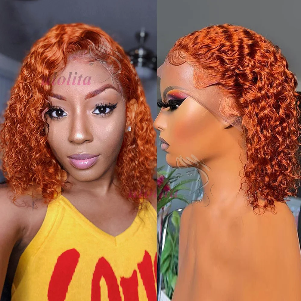 

orange ginger deep wave transparent 13x4 hd lace frontal human hair wig curly bob colored curly human hair lace wigs for women