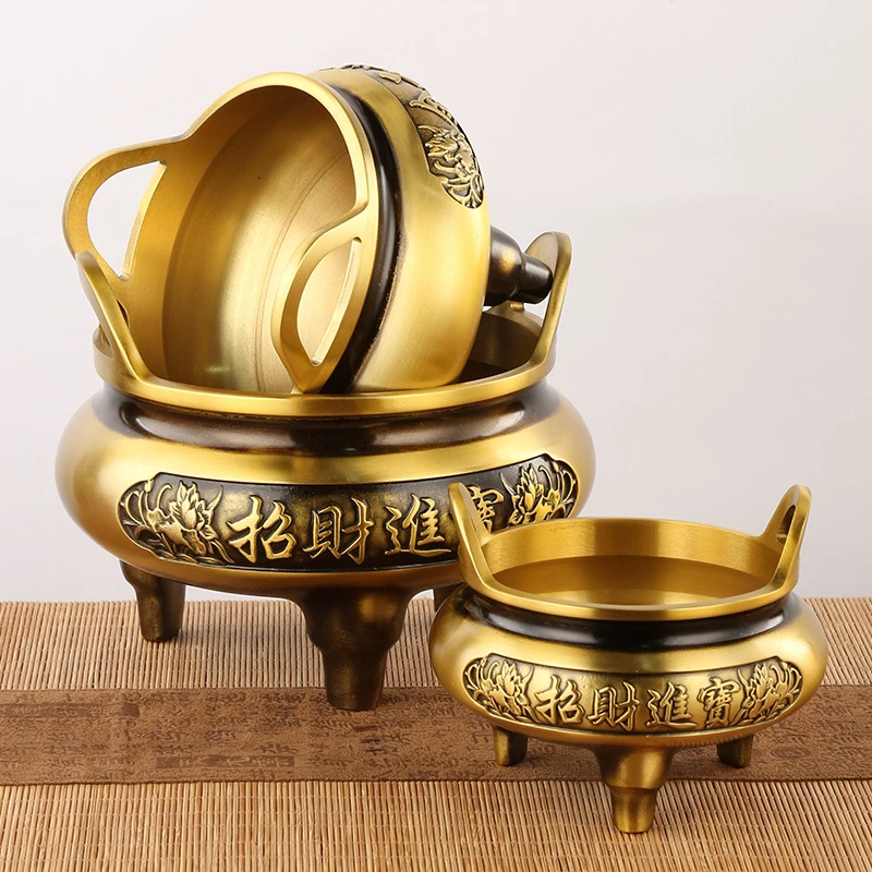 Brass ingot-shaped incense burner with three legs two handles, golden jade-like, attracts wealth and treasures, copper i