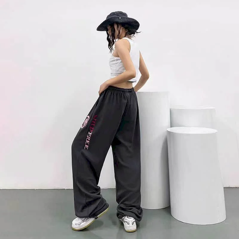 السراويل الرمادية Harajuku Sweatpants الكورية نمط الشارع الشهير شارع العليا السراويل الرياضية النساء فضفاضة خمر مرونة الخصر السراويل الفضفاضة