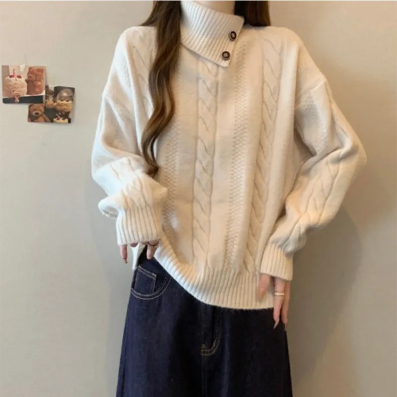 Mädchen Koreanische Grau High Neck Pullover Gestrickte Pullover Strickjacke frauen Einfarbig Einfachen Stil Verdicken Vintage Herbst Winter