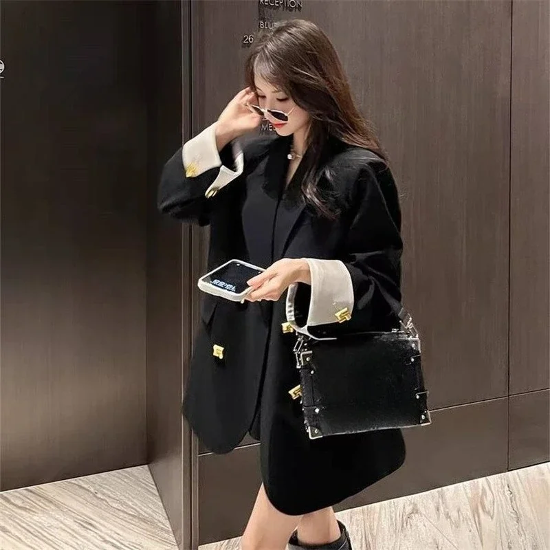 Premium Light Luxury Schwarz Zweireiher Damen Blazer Frühling Herbst Loose Fit Elegante Pendler Mittellange Einzigartige Anzugjacke
