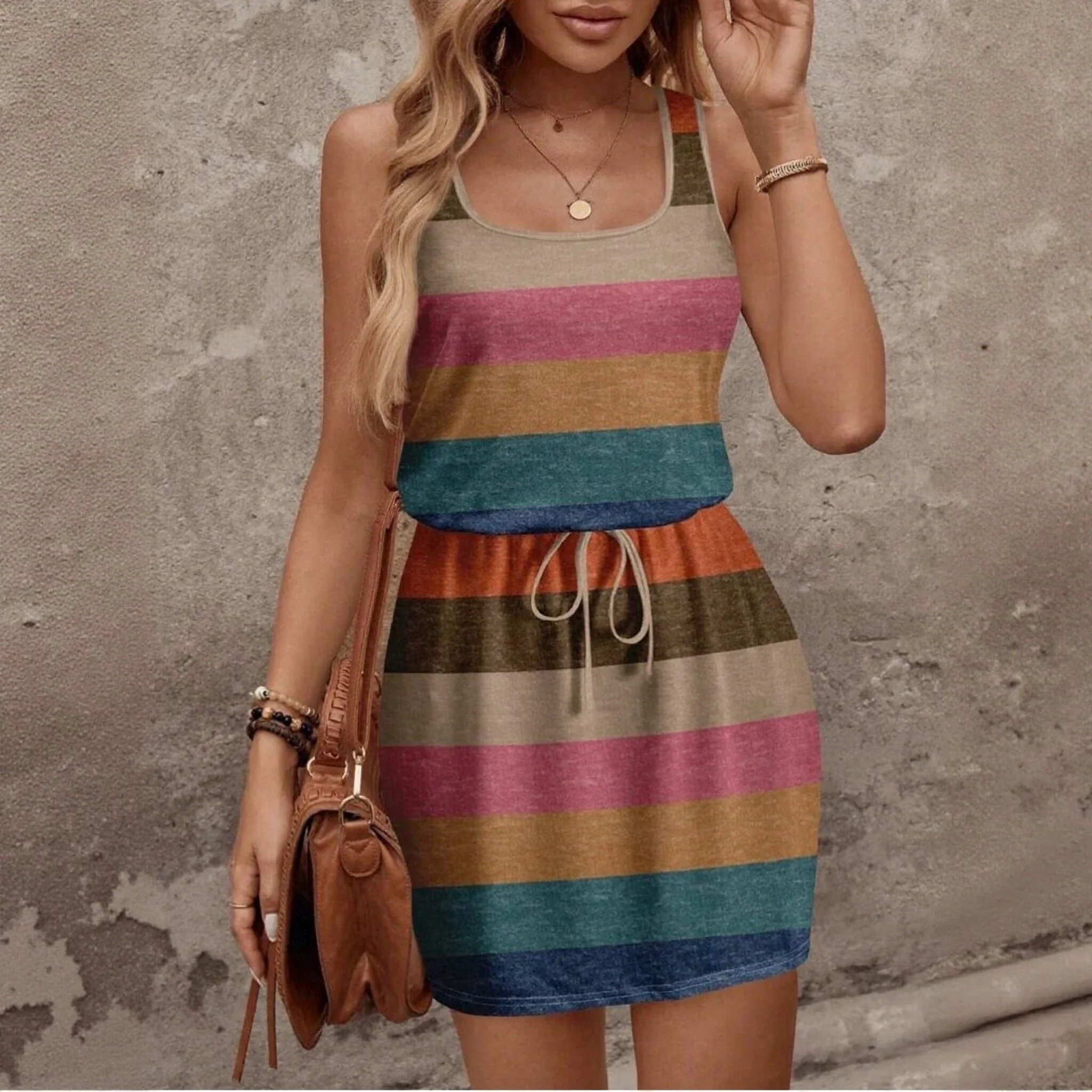 

Retro striped print casual mini skirt, perfect for summer, stylish dress.