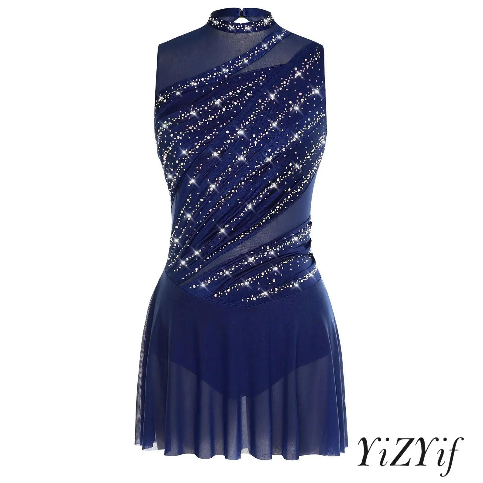 

Womens Stylish Ruched Latin Dress Sleeveless Backless Rhinestone Lyrical Outfit for Stage Show Themed Party Competition