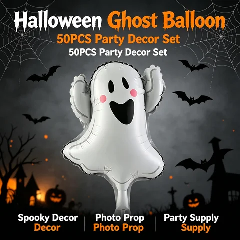 50PC Halloween Ghost Foil Balloons White Spooky Ghost Shaped Mylar Balloon for Kids Party Decor Photo Prop Haunted House Supply