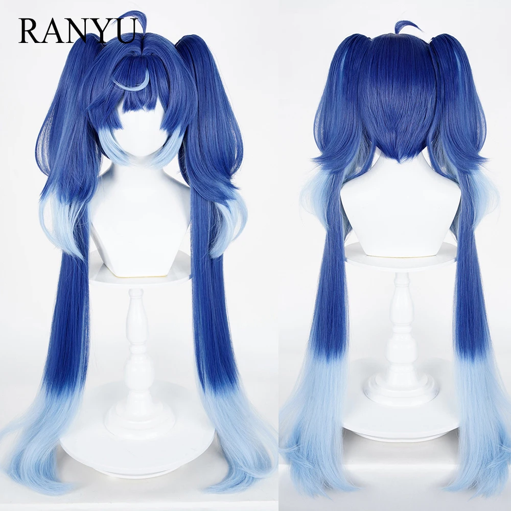 

Anime Game Cosplay Ombre Blue Wigs with Bangs Synthetic Long Straight Fluffy Double Ponytail Clip Wig for Daily Party