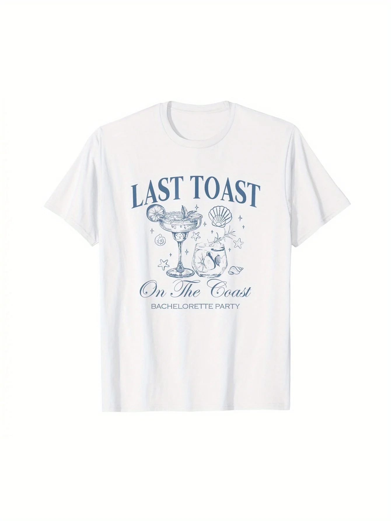 

Футболка Last Toast On The Coast для девичника — белая пляжная свадебная футболка с синим принтом, повседневный круглый вырез, короткий рукав,
