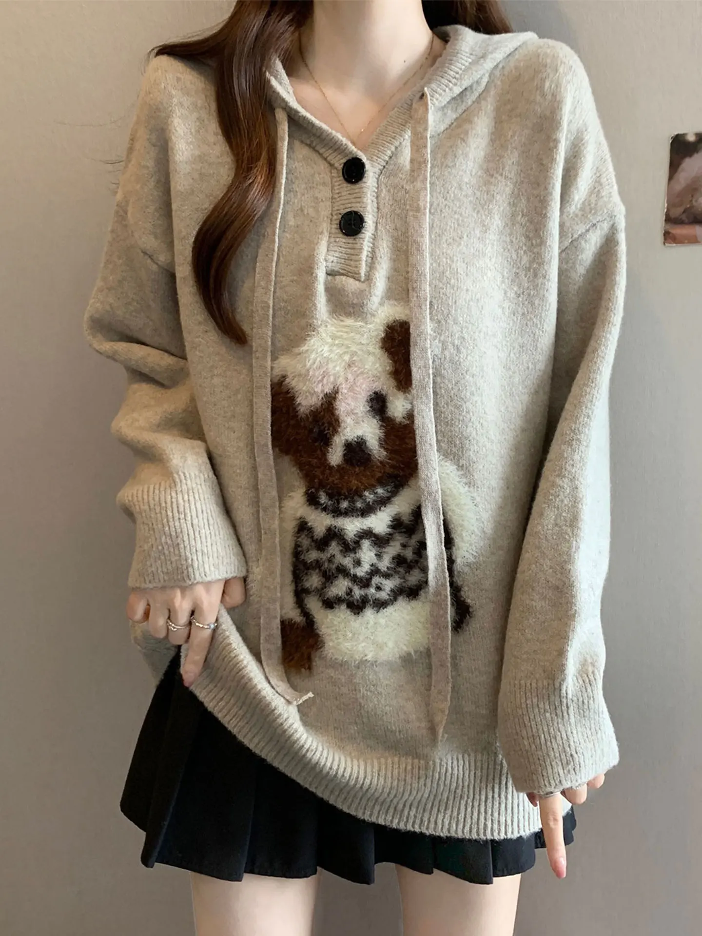 

Women's Oversized Long Sve Hoodie Knitted Sweater Bear Embroidery V-Ne Casual Comfortable Autumn Winter Faion Top