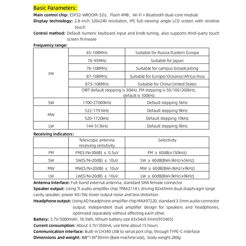 

A91P DP-666 TEF6686 Radio 2.8-Inch IPS Touch Screen High Sensitivity Receiver Full Band FM LW MW SW Radio