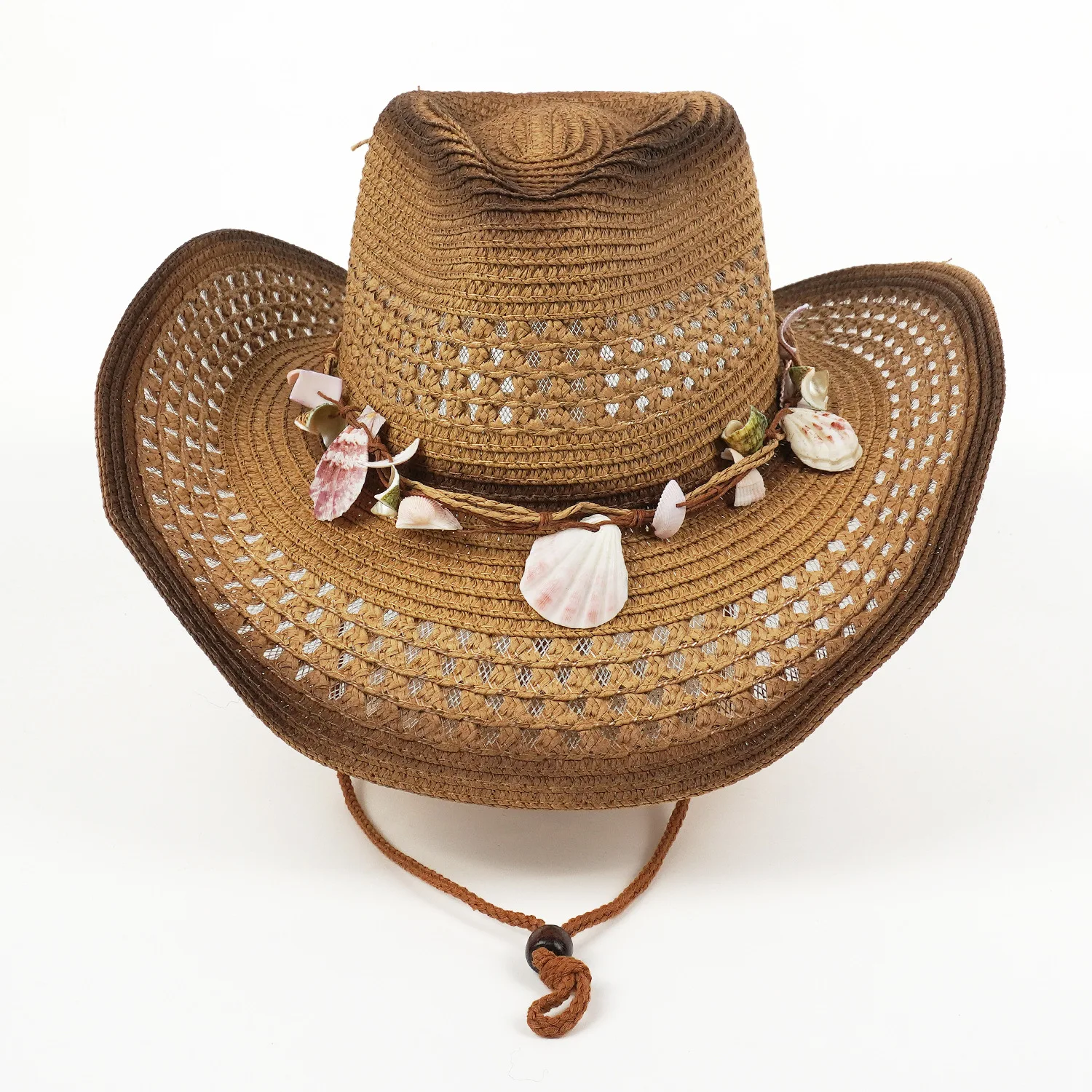 Summer Hollow Out Breathable Straw Western Cowboy Hat For Men Women Natural Shell Decor Vintage Ethnic Style Wide Brim Sun Prote