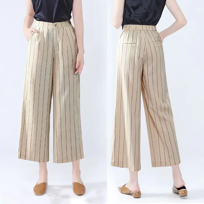 

Cotton Hemp High Waisted Wide Leg Pants For Women's Summer Thin Vertical Stripe Drape Straight Leg Pants Loose Cropped Pants