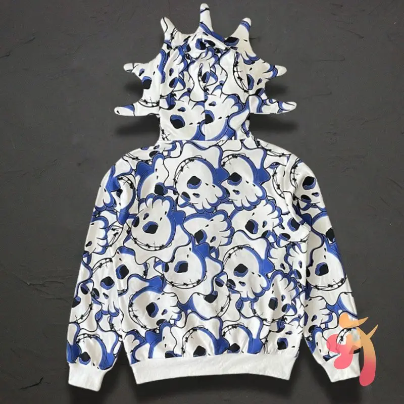 Blue White Skeleton Full Print Glo Gang The Glory Jackets Street Patch Clown Hooded Sweatshirts Men Women Skull Zippered Hoodie