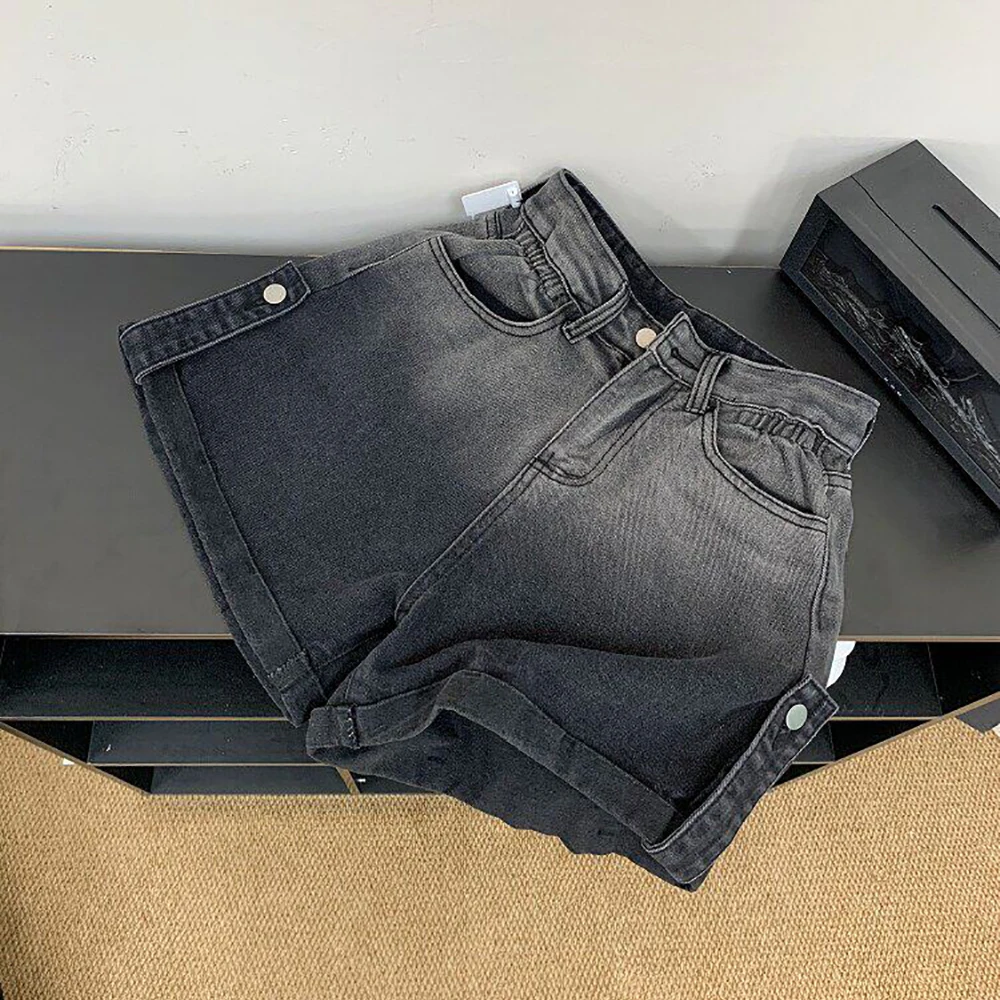 Women's Gradient Black Denim Shorts Summer Trendy High Waist A-line Loose Jean Shorts Versatile Rolled Hem Hot Pants Streetwear