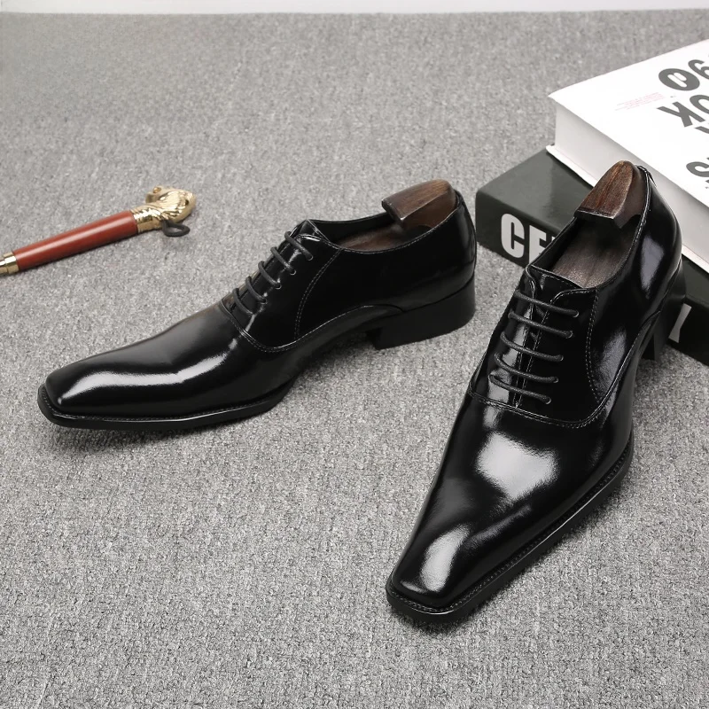 Shiny Leather Pointed Toe Formal Men's Shoes Square Head Host Shoes Business Style Glue Welding Pig Skin Breathable Laces on