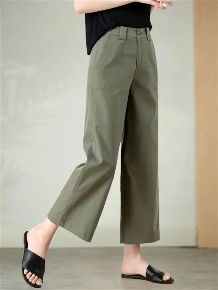 Zomer katoenen wijde pijpen broek casual hoge taille losse afslankende kleine maat rechte damesbroek trendy Koreaanse Sle