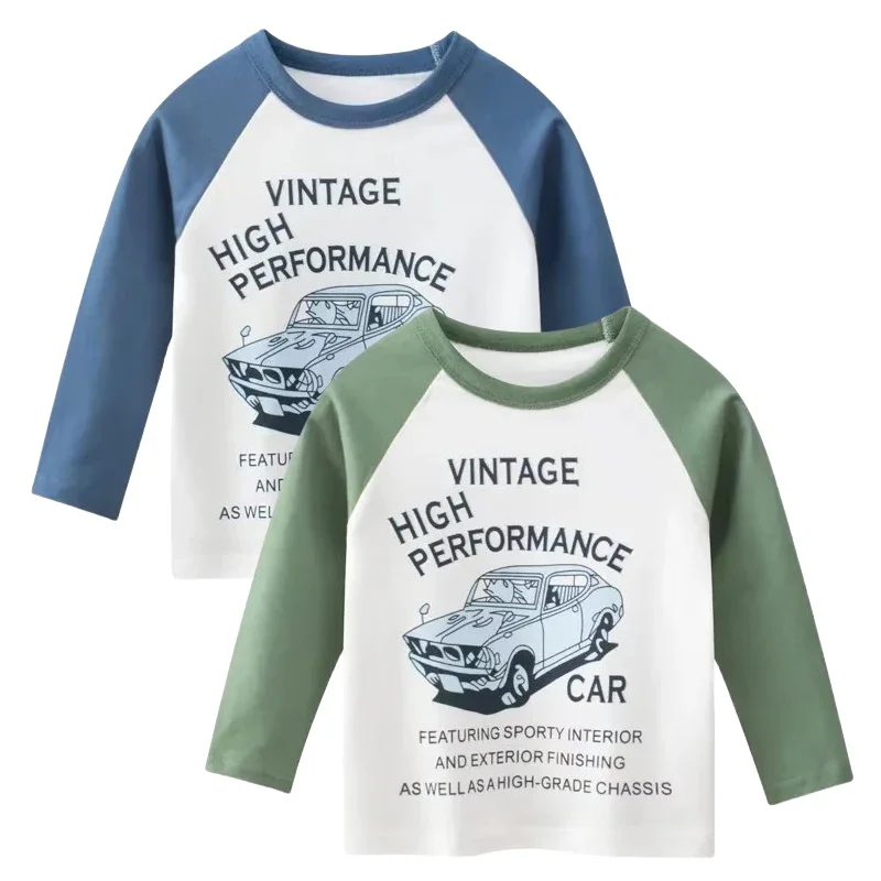 

Футболка с рисунком автомобиля для мальчиков, весна-осень 2022, новая хлопковая детская футболка с длинными рукавами и буквенным принтом, футболки, детская одежда