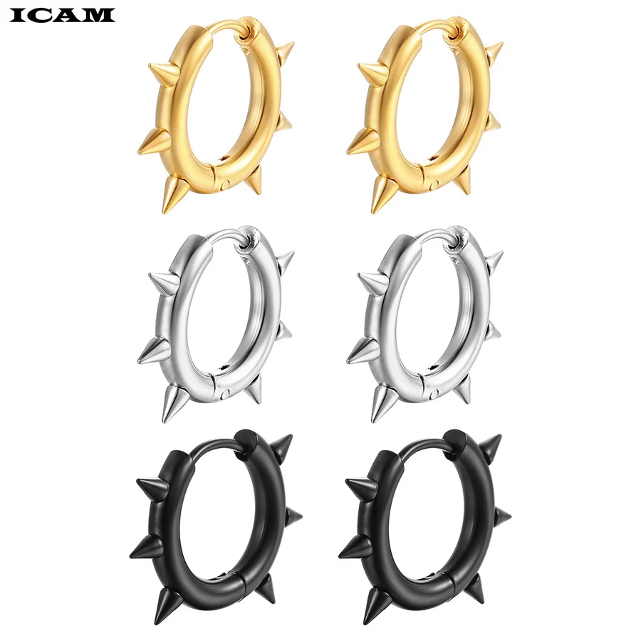 Punk Spike Rivet Hoop Earrings For Women Stainless Steel Huggie Earrings Ear Cuff Piercing Earring Gothic Jewelry Accessories