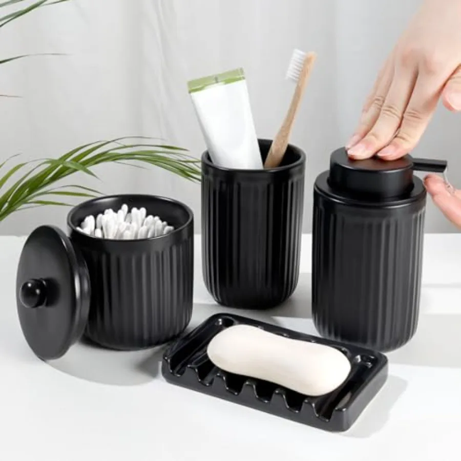 

Ceramic Bathroom Accessories Set for Modern Bathroom Decor - Black Bathroom Counter Soap Set with Lotion Soap Dispenser Toothbr