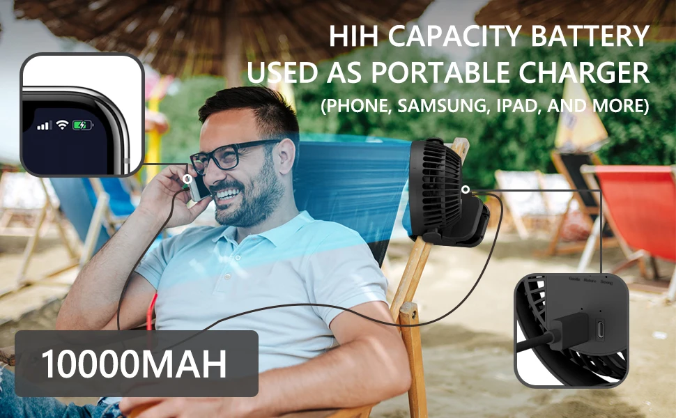 10000mAh Portable Camping Fan with LED Lantern&Hanging Hook-65H Rechargeable Battery Operated Fan with Hanging Hook for Tent Car