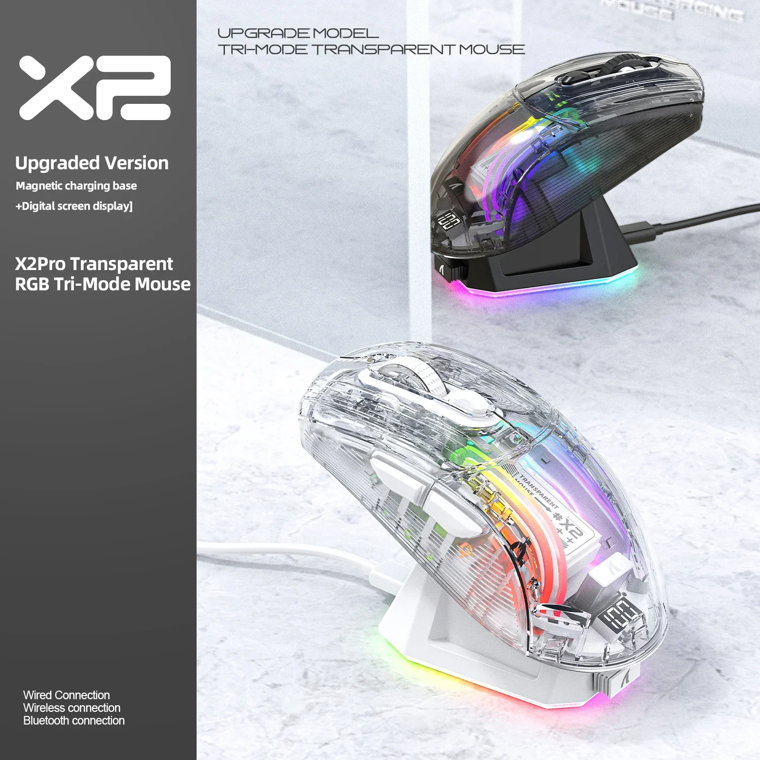 Attack Shark X2PRO Magnetic Charging  Bluetooth Mouse, Tri-Mode , RGB Lights, Transparent, Battery Indicator, Computer Phone