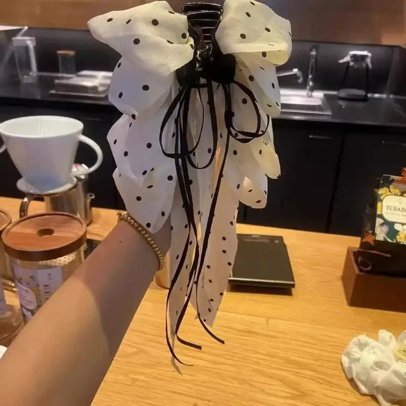 Haarklammern mit gepunkteter Schleife und langem Band, elegantes Design, 2 Farboptionen für den täglichen Gebrauch, Partys, Hochzeiten, Verabredungen – Detail 6
