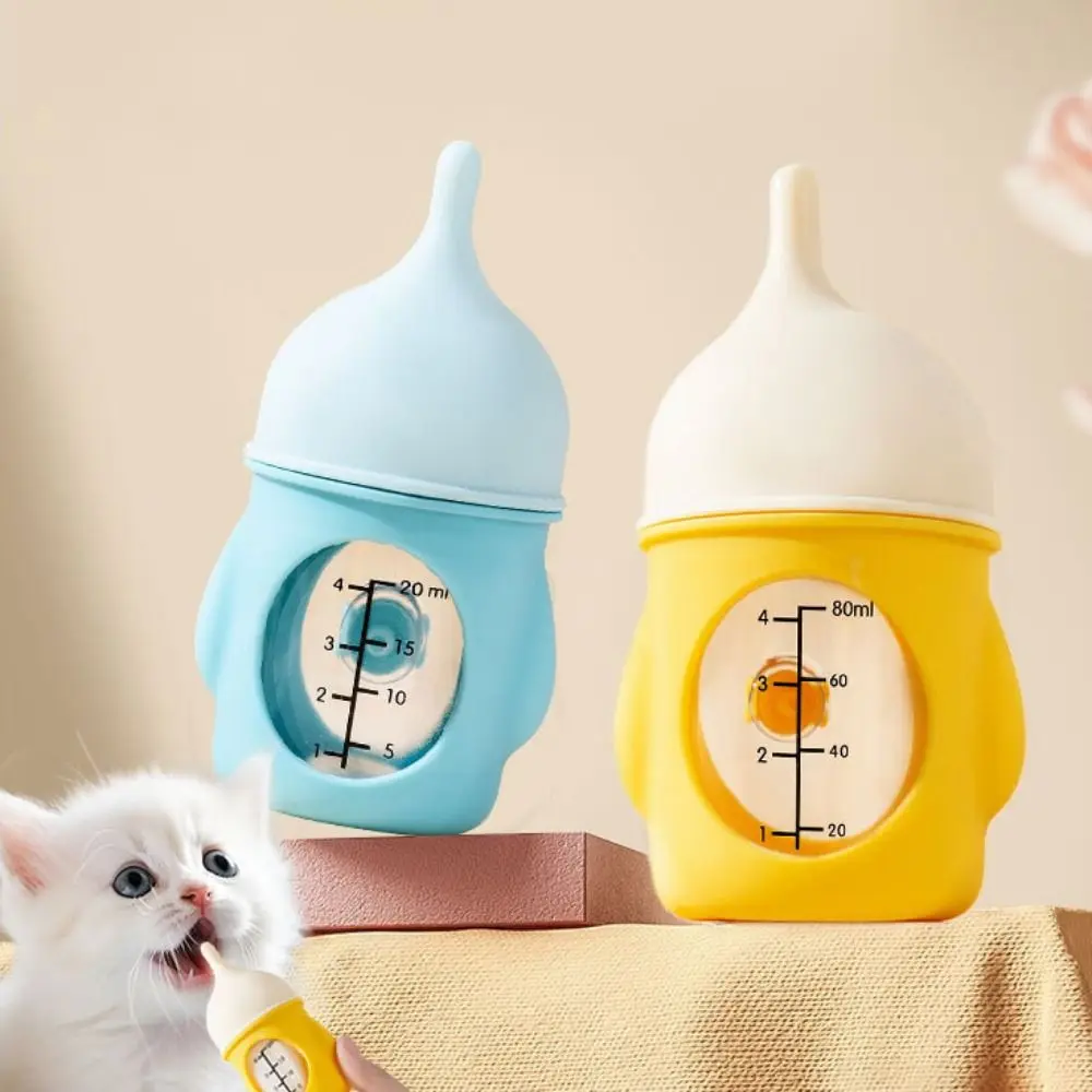 20/80ML Kitten Nipple Bottle Bite Resistance Anti Choking Kitten Feeding Bottle with Scale Silicone Puppy Nursing Feeder