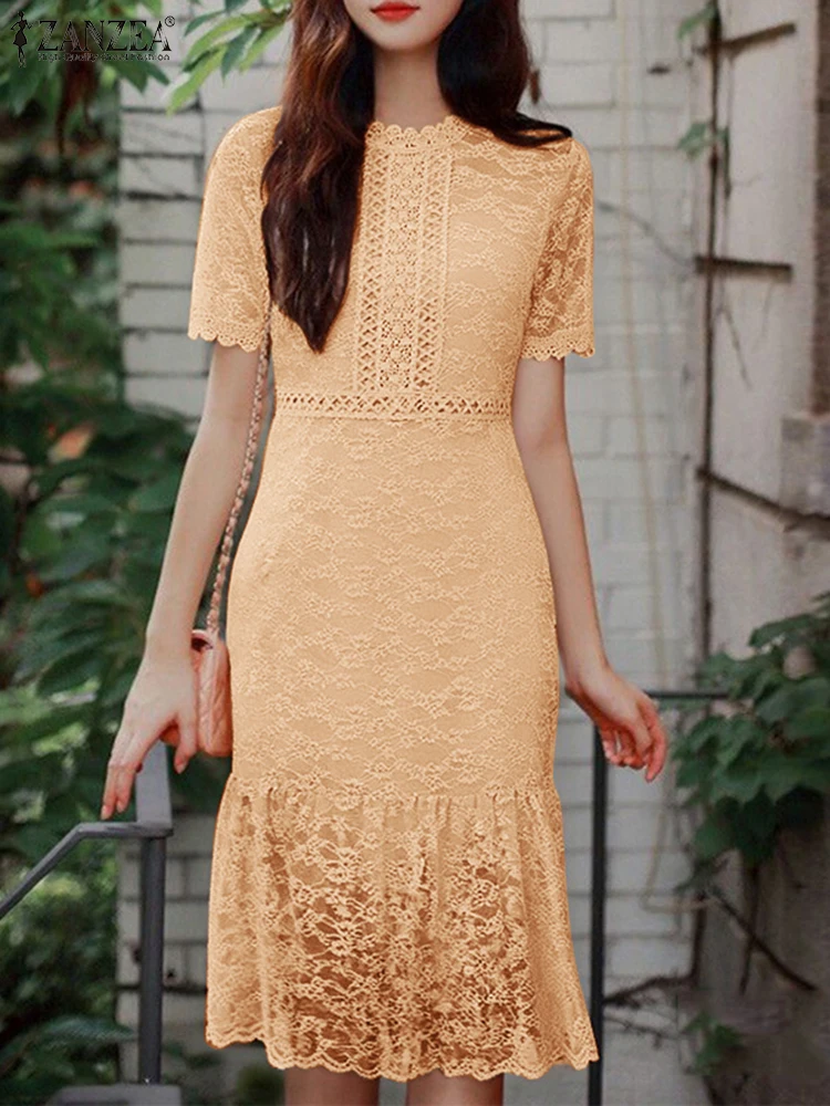 

ZANZEA Lace Dress Women Summer Short Sleeve Patchwork Midi Dresses Fashion Elegant Holiday Party Sundress Casual Work Vestidos