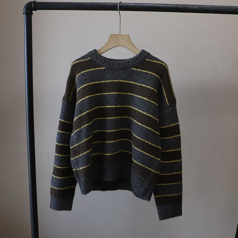 2025 Herbst/Winter Neue Rundhals Gestreiften Lose Faul Dicke Warme Pullover Pullover für Frauen