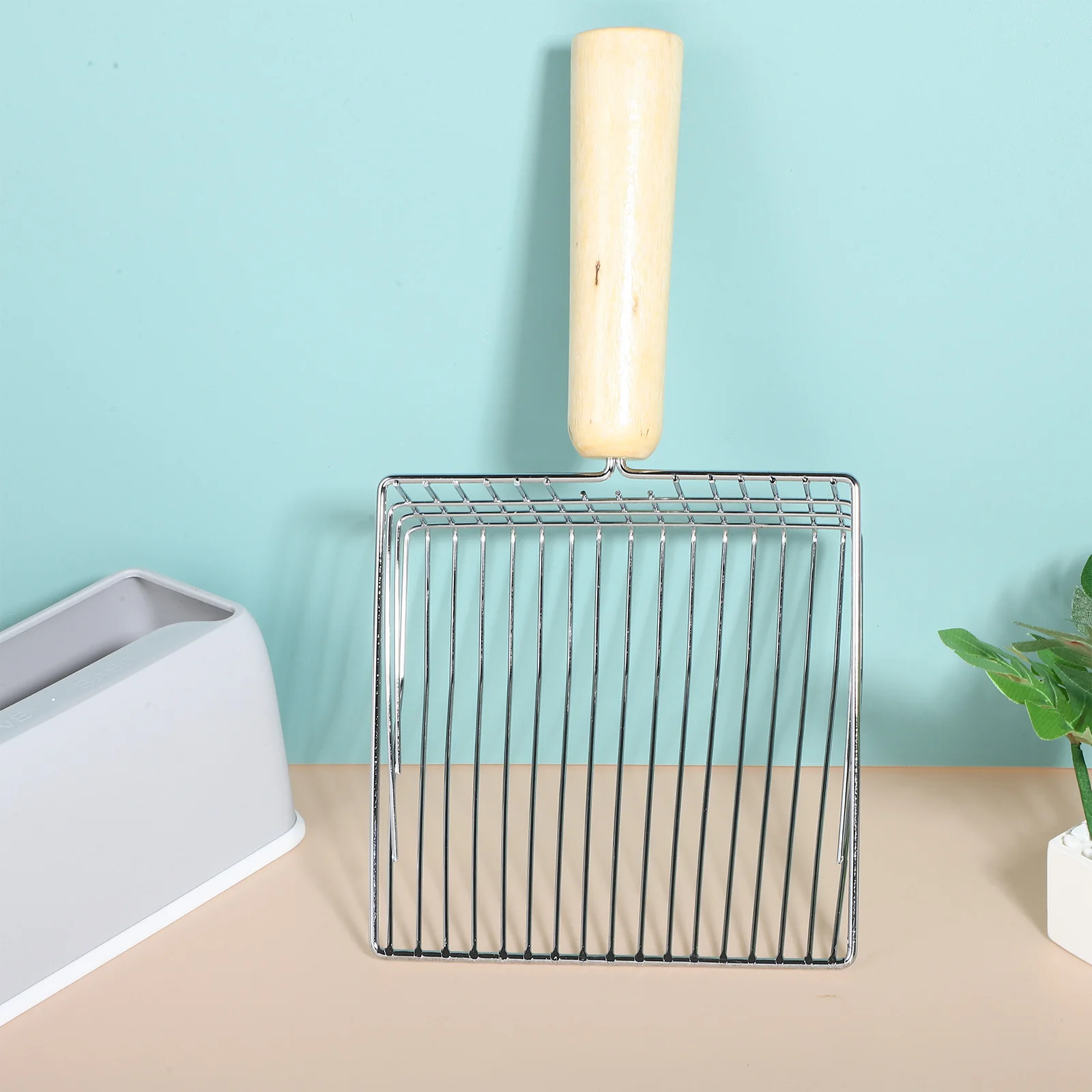 

1 set Wooden Handle Cat Litter Scoop Large Metal Sifter Heavy Duty For Litter Box Pet Supplies Scooper With Holder Reusable