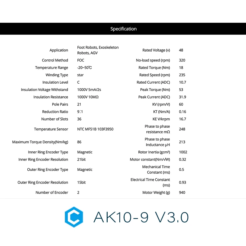 AK10-9 V3.0 KV60 T-MOTOR แบบไดนามิกมอเตอร์โมดูลาร์สําหรับหุ่นยนต์ Exoskeleton, AGV, ตัวเข้ารหัสคู่