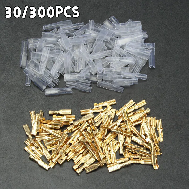 30/60/150/300PCS Male Female Spade Crimp Terminal 2.8/4.8/6.3mm Gold Brass Electrical Insulating Sleeve Wire Wrap Connectors Kit