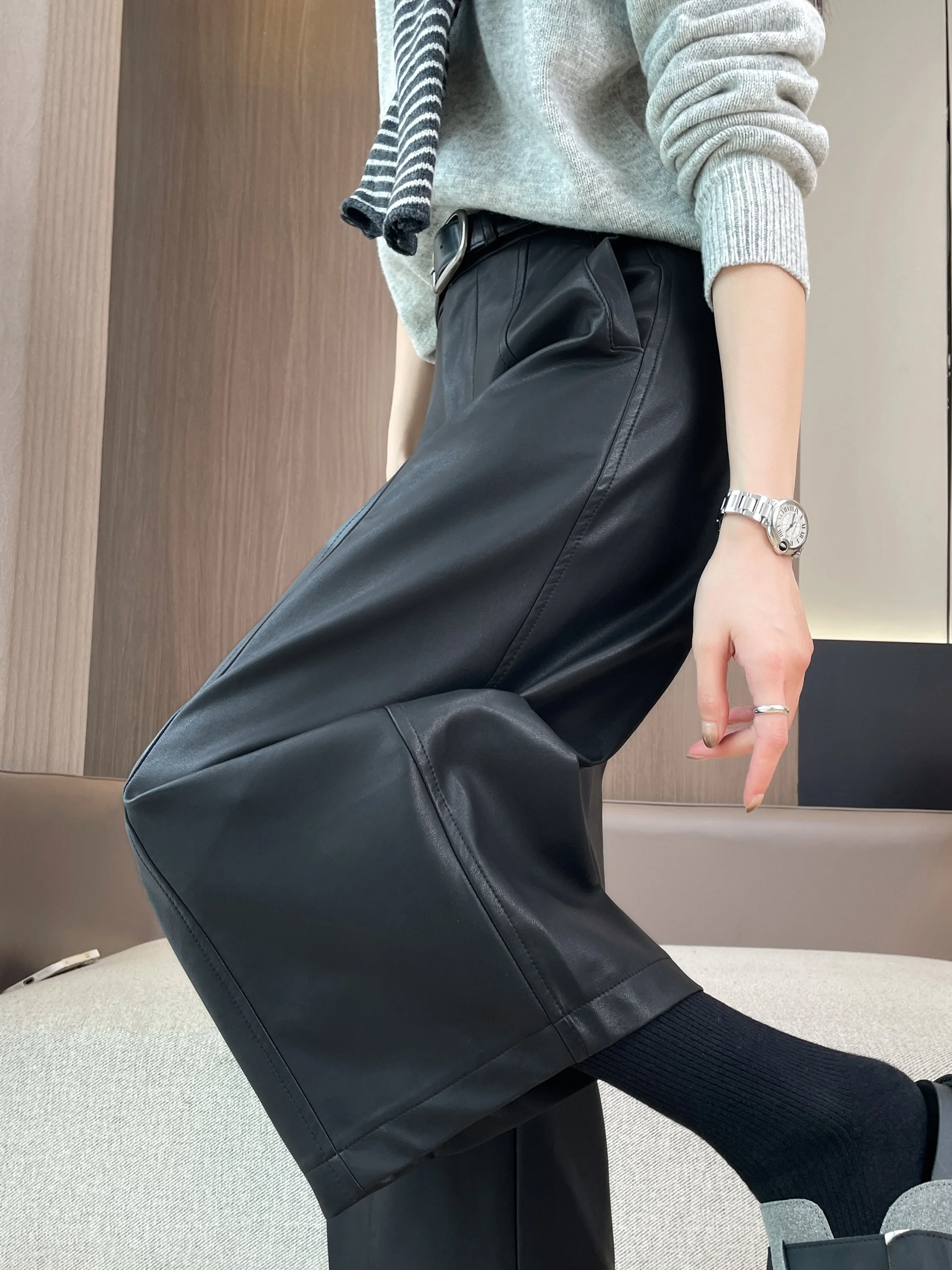 Bla PU-Leder Weite Hose für Damen, Coole Herbst-Winter Slim-Fit Dreiviertel-Hose, Lässige High-Waist Hose mit Reißverschluss