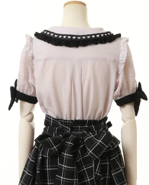 Rojita-camisa Lolita con cuello de encaje para mujer, blusas de manga corta ajustadas con lazo en los hombros, Tops bonitos de verano